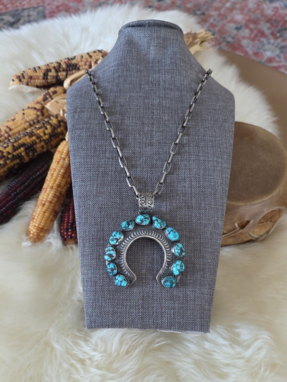 Fantastic Large Native American Turquoise Naja & Paperclip Chain Necklace 💙🩶📎